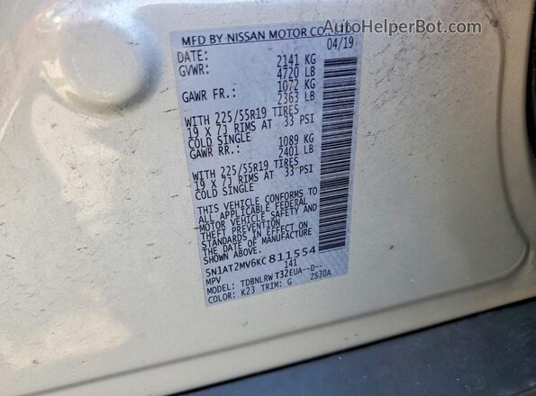 5N1AT2MV6KC811554 2019 NISSAN ROGUE Silver Widok naklejki z numerem VIN