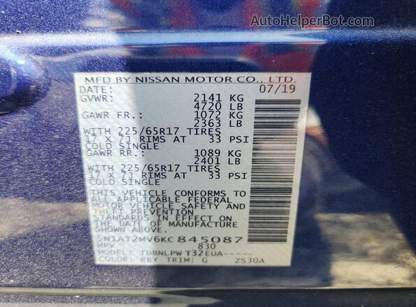 5N1AT2MV6KC845087 2019 NISSAN ROGUE Blue VIN sticker view