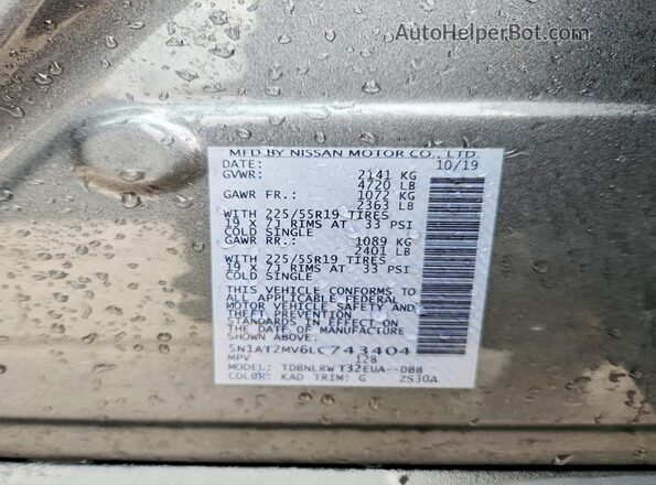 5N1AT2MV6LC743404 2020 NISSAN ROGUE Gray Вид наклейки з VIN-кодом