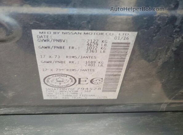 5N1AT2MV7GC794528 2016 NISSAN ROGUE Blue Widok naklejki z numerem VIN