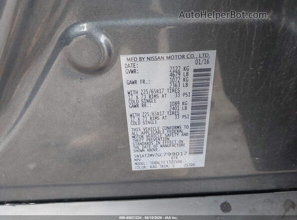 5N1AT2MV7GC799017 2016 NISSAN ROGUE Серый Вид подкапотного пространства