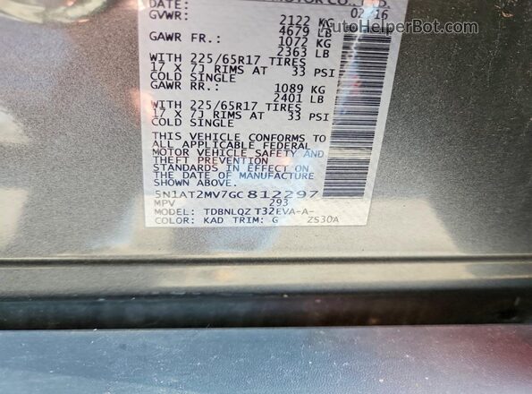 5N1AT2MV7GC812297 2016 NISSAN ROGUE Gray Widok wnętrza 360 stopni
