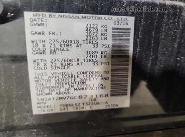 5N1AT2MV7GC823168 2016 NISSAN ROGUE Blue Vista de la etiqueta del VIN