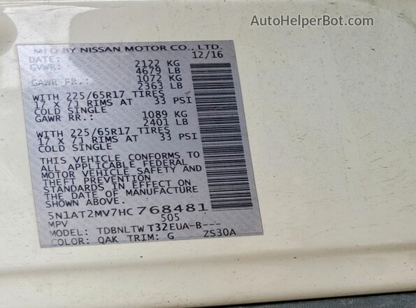 5N1AT2MV7HC768481 2017 NISSAN ROGUE White VIN sticker view