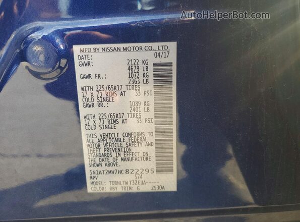 5N1AT2MV7HC822295 2017 NISSAN ROGUE Blue Widok wnętrza 360 stopni