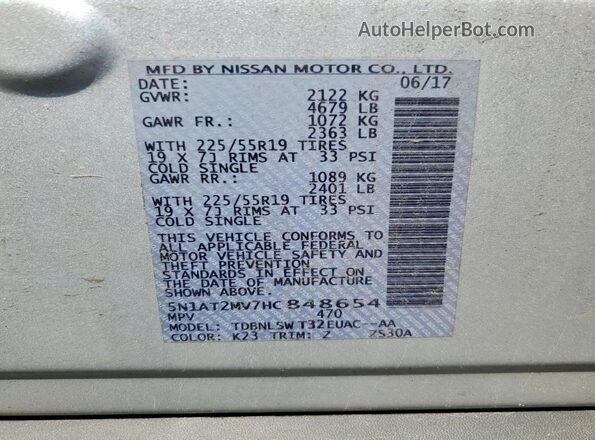 5N1AT2MV7HC848654 2017 NISSAN ROGUE Silver Панорамний вид салону 360°