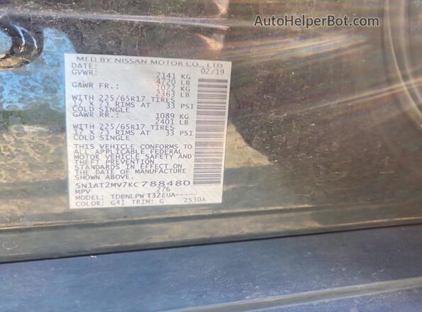 5N1AT2MV7KC788480 2019 NISSAN ROGUE Black VIN კოდის სტიკერის ხედი