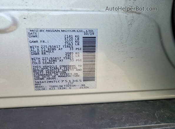5N1AT2MV7LC751365 2020 NISSAN ROGUE Silver Widok naklejki z numerem VIN