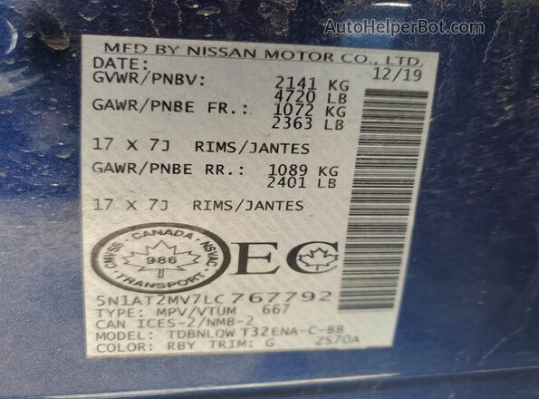 5N1AT2MV7LC767792 2020 NISSAN ROGUE Синий Вид наклейки с VIN-кодом