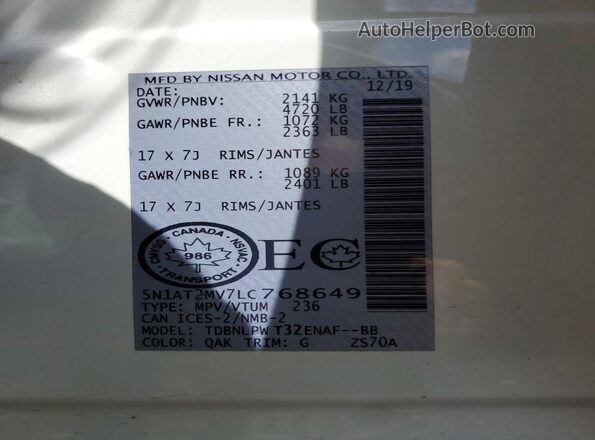 5N1AT2MV7LC768649 2020 NISSAN ROGUE Белый Вид наклейки с VIN-кодом