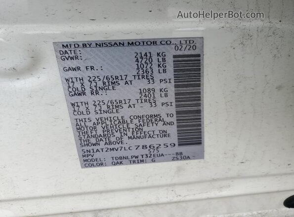 5N1AT2MV7LC786259 2020 NISSAN ROGUE White Vista de la etiqueta del VIN