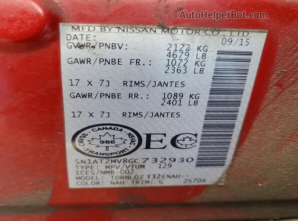 5N1AT2MV8GC732930 2016 NISSAN ROGUE Red VIN კოდის სტიკერის ხედი