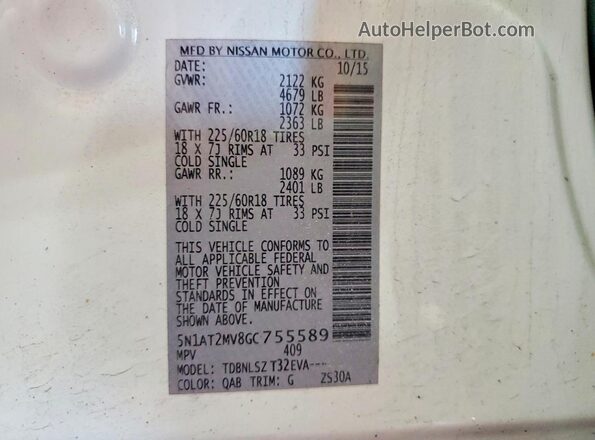 5N1AT2MV8GC755589 2016 NISSAN ROGUE White VIN კოდის სტიკერის ხედი