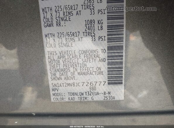 5N1AT2MV8JC726777 2018 NISSAN ROGUE Gray Widok komory silnika