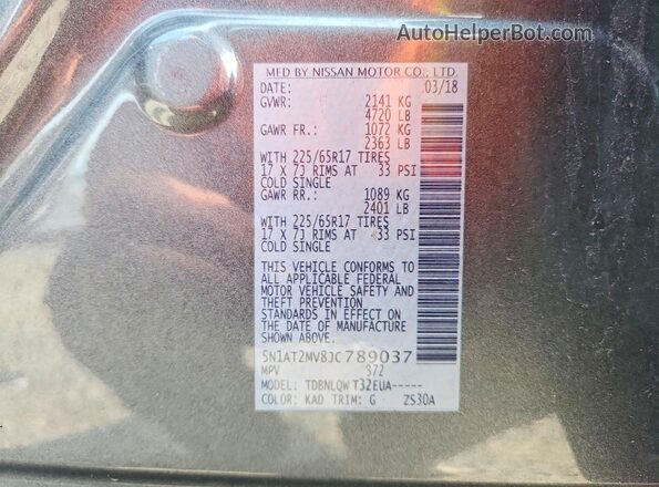 5N1AT2MV8JC789037 2018 NISSAN ROGUE Gray VIN կոդի պիտակի տեսք