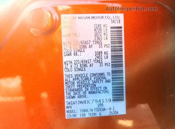 5N1AT2MV8JC794559 2018 NISSAN ROGUE Orange Vista de la etiqueta del VIN