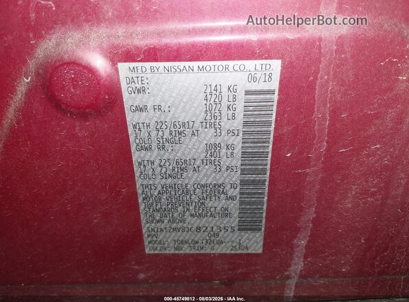 5N1AT2MV8JC821355 2018 NISSAN ROGUE Burgundy Vista del compartimento del motor