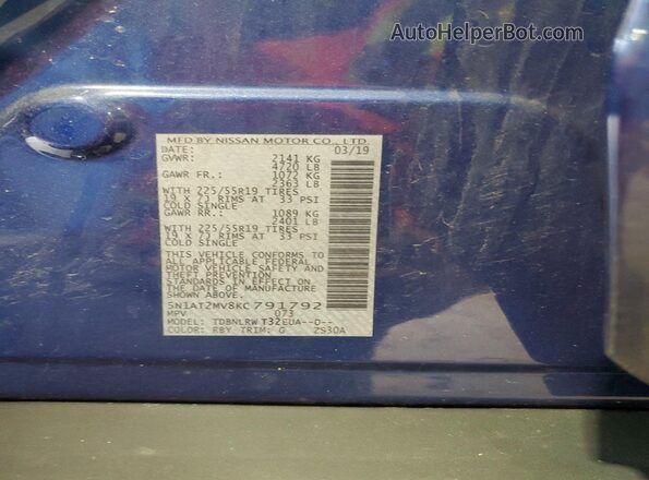 5N1AT2MV8KC791792 2019 NISSAN ROGUE Blue Вид наклейки з VIN-кодом