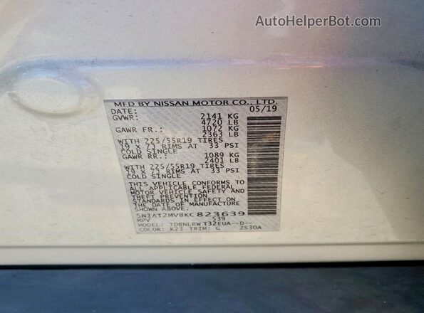 5N1AT2MV8KC823639 2019 NISSAN ROGUE Серебряный Вид наклейки с VIN-кодом