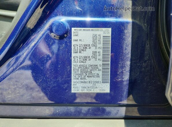 5N1AT2MV8KC823981 2019 NISSAN ROGUE Blue Widok naklejki z numerem VIN