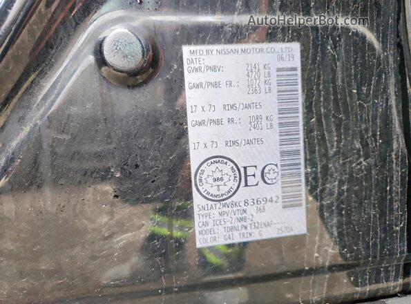 5N1AT2MV8KC836942 2019 NISSAN ROGUE Black VIN კოდის სტიკერის ხედი