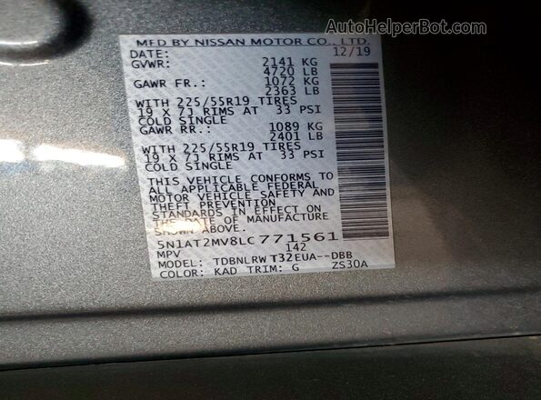 5N1AT2MV8LC771561 2020 NISSAN ROGUE Gray Панорамний вид салону 360°