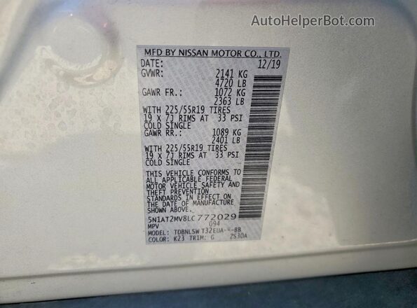 5N1AT2MV8LC772029 2020 NISSAN ROGUE Silver Widok naklejki z numerem VIN
