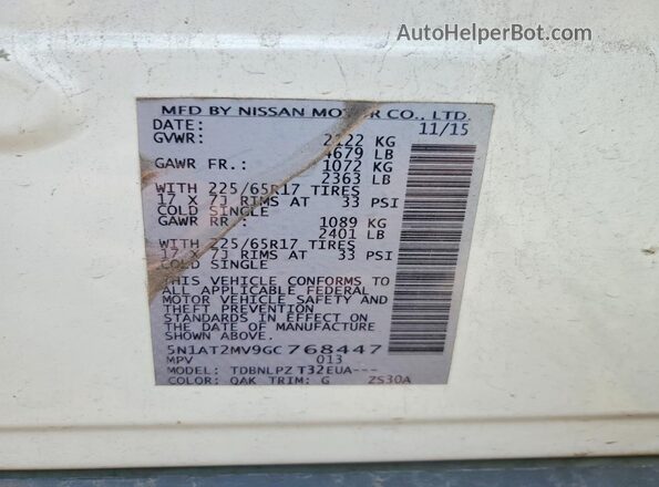 5N1AT2MV9GC768447 2016 NISSAN ROGUE White VIN კოდის სტიკერის ხედი