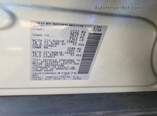 5N1AT2MV9GC879676 2016 NISSAN ROGUE Silver Vista de la etiqueta del VIN