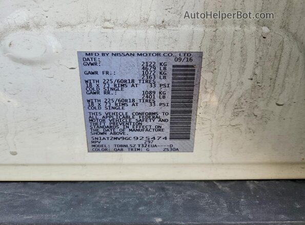 5N1AT2MV9GC925474 2016 NISSAN ROGUE White VIN կոդի պիտակի տեսք