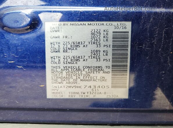 5N1AT2MV9HC743405 2017 NISSAN ROGUE Blue Widok komory silnika