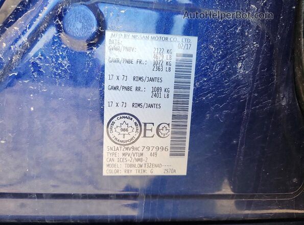 5N1AT2MV9HC797996 2017 NISSAN ROGUE Blue Vista de la etiqueta del VIN