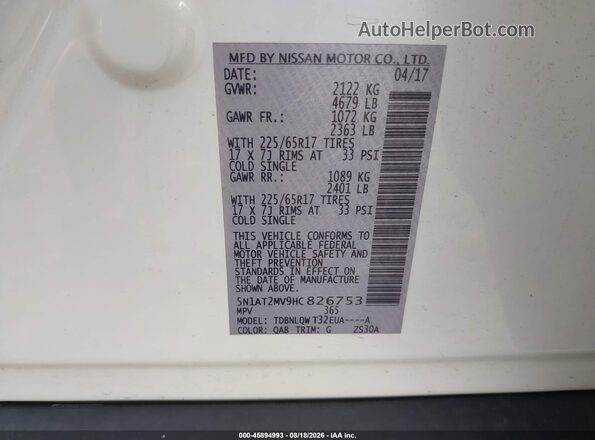 5N1AT2MV9HC826753 2017 NISSAN ROGUE White Engine compartment view