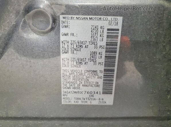 5N1AT2MV9JC760341 2018 NISSAN ROGUE Gray VIN sticker view