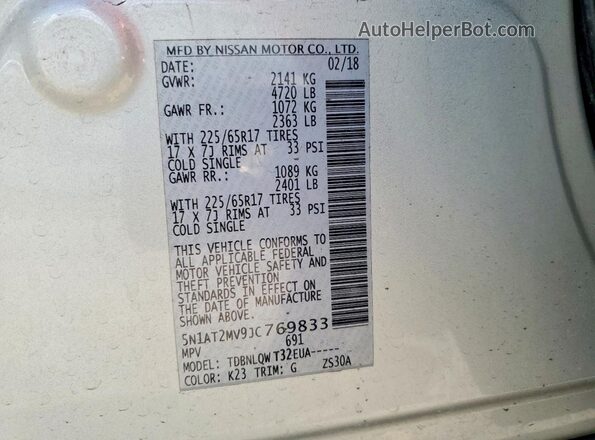 5N1AT2MV9JC769833 2018 NISSAN ROGUE Silver VIN կոդի պիտակի տեսք