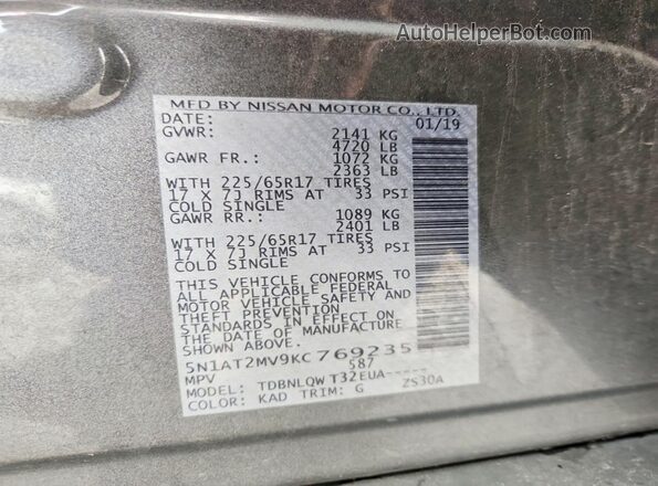 5N1AT2MV9KC769235 2019 NISSAN ROGUE Silver Widok naklejki z numerem VIN