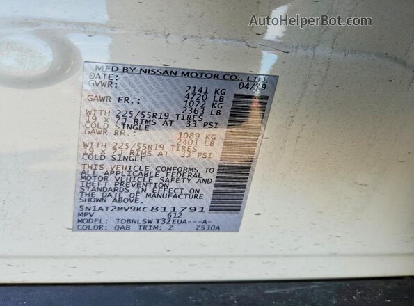 5N1AT2MV9KC811791 2019 NISSAN ROGUE Белый Вид наклейки с VIN-кодом