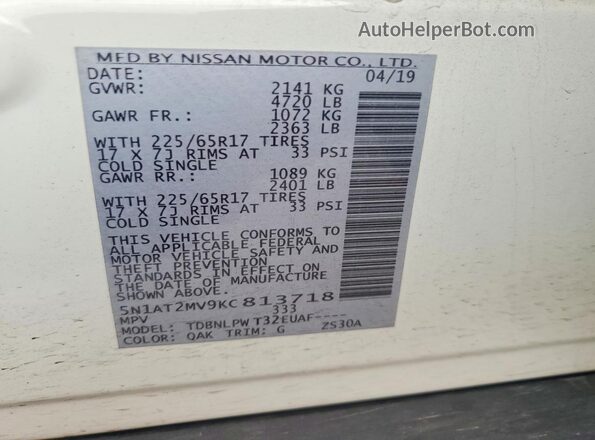 5N1AT2MV9KC813718 2019 NISSAN ROGUE White Widok naklejki z numerem VIN