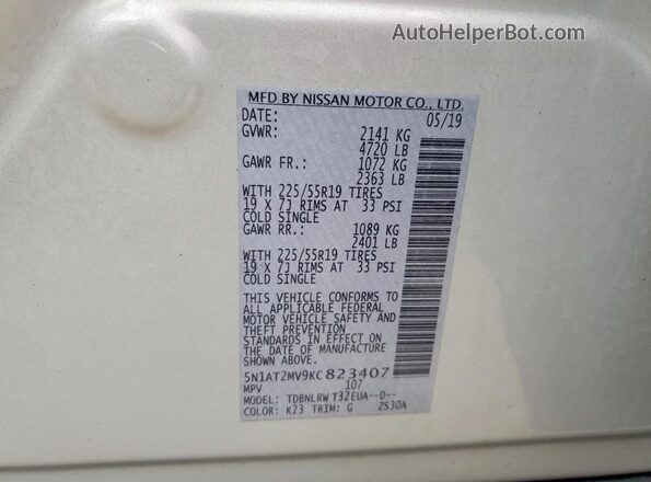 5N1AT2MV9KC823407 2019 NISSAN ROGUE Silver Вид наклейки з VIN-кодом