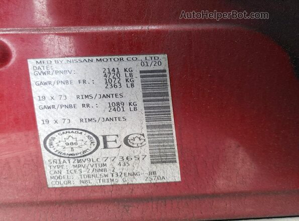 5N1AT2MV9LC773657 2020 NISSAN ROGUE Red Vista del compartimento del motor