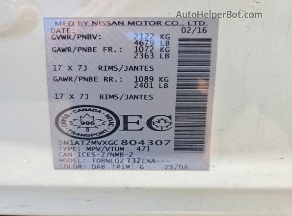 5N1AT2MVXGC804307 2016 NISSAN ROGUE White Widok naklejki z numerem VIN