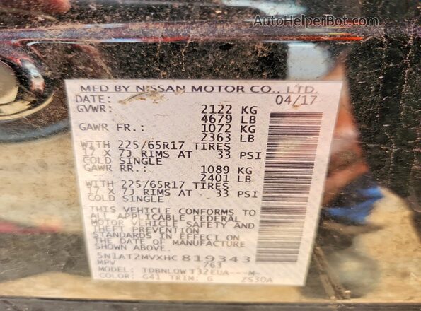 5N1AT2MVXHC819343 2017 NISSAN ROGUE Black Widok naklejki z numerem VIN