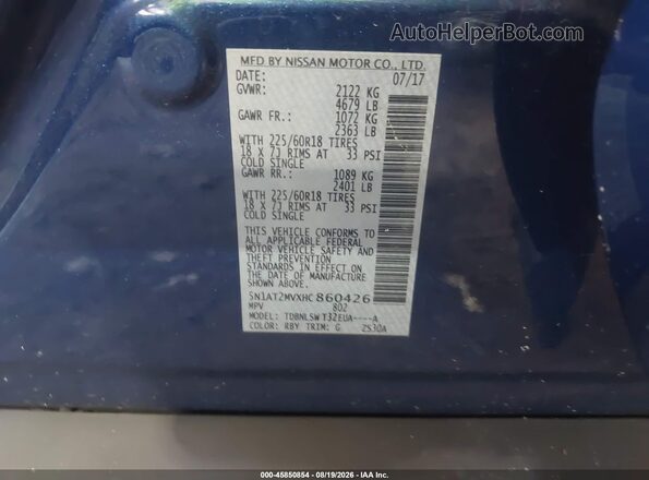 5N1AT2MVXHC860426 2017 NISSAN ROGUE Blue Widok komory silnika