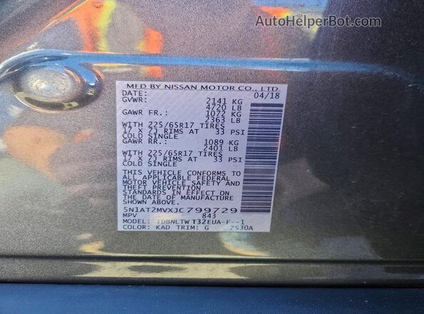 5N1AT2MVXJC799729 2018 NISSAN ROGUE Gray Widok naklejki z numerem VIN