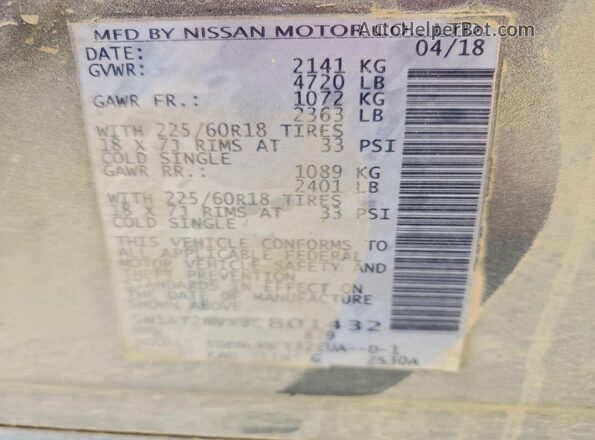 5N1AT2MVXJC801432 2018 NISSAN ROGUE Gray Vista de la etiqueta del VIN