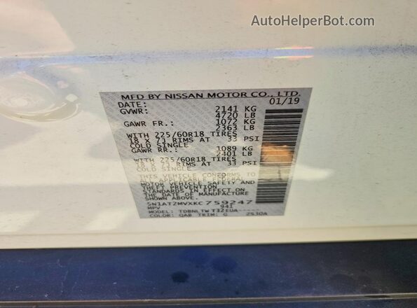 5N1AT2MVXKC759247 2019 NISSAN ROGUE White VIN კოდის სტიკერის ხედი
