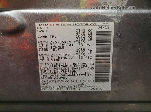 5N1AT2MVXKC811539 2019 NISSAN ROGUE Gray VIN կոդի պիտակի տեսք