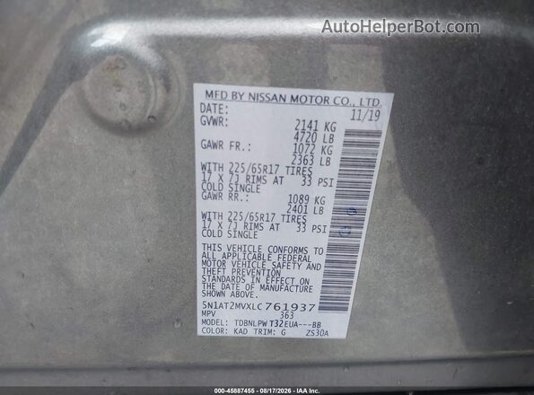 5N1AT2MVXLC761937 2020 NISSAN ROGUE Gray Engine compartment view