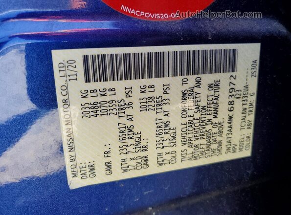 5N1AT3AA4MC683972 2021 NISSAN ROGUE Blue Вид наклейки з VIN-кодом
