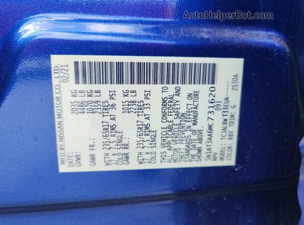 5N1AT3AA6MC731620 2021 NISSAN ROGUE Blue Вид наклейки з VIN-кодом